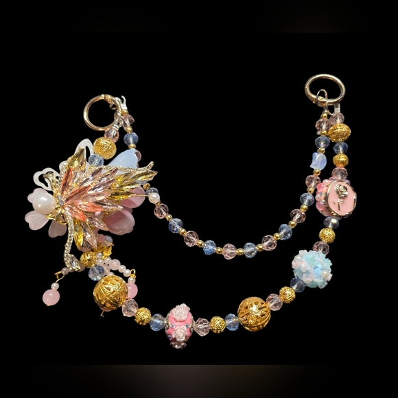 charmed by slg Accessories - Elegant Pink Floral Beaded Bag Charm